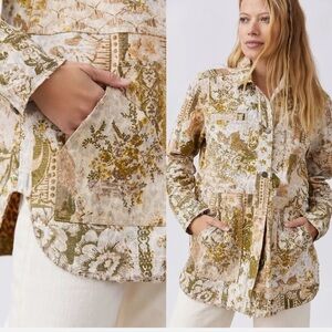 Pilcro from Anthropologie the Fielder Denim Shirt Jacket Beige Sz L Mixed Print